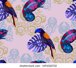 Vector chameleons and exotic birds pattern. Ethnic seamless pattern ornament. Vector pattern.