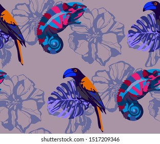 Vector chameleons and exotic birds pattern. Ethnic seamless pattern ornament. Vector pattern. 