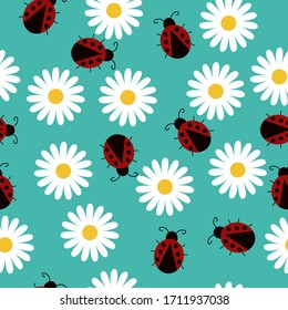 Vector chamomile flower seamless pattern with ladybug. Green backgroud. Floral pattern for print, wrapping paper.