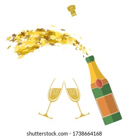 Vector Champagner Flasche Explosion. Frohes neues Jahr. Feiern wir. Beifall. Champagnerfeier. Alkoholische Getränke. Herzlichen Glückwunsch. Frohe Weihnachten.