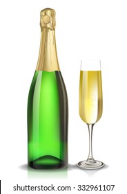 Vector champagne bottle and glass. Created with gradient meshes.