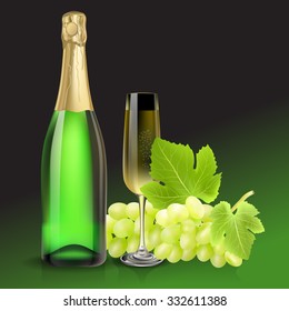 Vector champagne bottle, glass and grape. Created with gradient meshes.