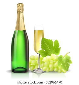 Vector champagne bottle, glass and grape. Created with gradient meshes.