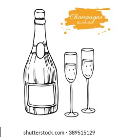 Vector Champagne Bottle And Glass. Champagne Hand Drawn Sketch Illustration. Great Drawing Illustration For Any Kind Of Celebration.