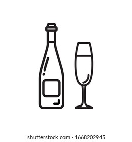 Vector champagne bottle with glass icon. Flat illustration of champagne isolated on white background. Icon vector illustration sign symbol.