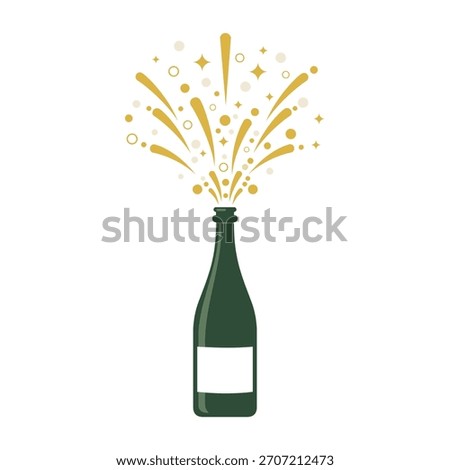 Vector champagne bottle popping with sparkling splash, symbolizing celebration, party, success, and festive events.