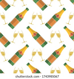 Vector Champagne Bottle Seamless Pattern. Happy New Year. Lets Celebrate. Cheers. Champagne Celebration. Alcoholic Fizzy Drink. Congratulations. Merry Christmas.