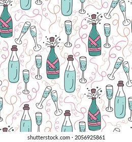 Vector champagne bottles and glasses with ribbon seamless pattern background for any celebration. Good use for fabrics, scrapbooking, Party fabrics, Ribbons etc.