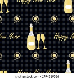 Vector Champagne bubbles Happy New Year greeting seamless pattern background. Text,bottles, glasses, fizzy drink black gold textured backdrop. Elegant repeat. All over print for party celebration