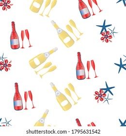 Vector Champagne Bubbles And Ocean Star Fish Seamless Pattern Background. Prosecco Bottles, Fizzing Glasses, Cowrie Shells Gold Red , White Backdrop. All Over Print For Beach Style Party Celebration