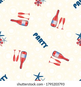 Vector Champagne bubbles party greeting seamless pattern background. Text,bottles, fizzing glasses, starfish, shells on bubble textured backdrop. Spacious all over print for beach event celebration