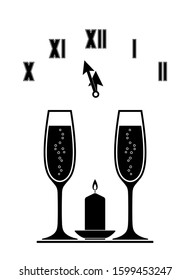 vector champagne glasses, candle and clock isolated on white background