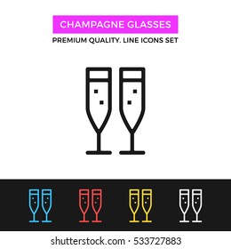 Vector champagne glasses icon. Two champagne flutes with sparkling bubbles. Premium quality graphic design. Signs, symbols, simple thin line icons set for website, web design, mobile app, infographics