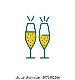 Gafas de champán vectorial. Celebración de Año Nuevo, fiesta romántica. Iconos de trazo de píxeles perfectos, modificables en color