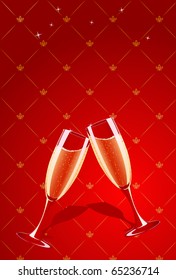 Gafas de champán vectorial salpicando con fondo de glamour rojo