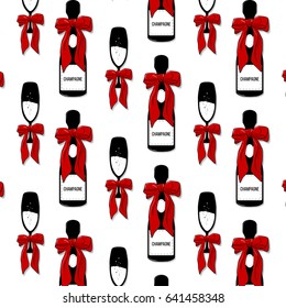 Vector champagne print. Holiday bottle with glass and red bow on it. Luxury celebration print design. Alcohol print party decoration. Elegance new year romance pattern