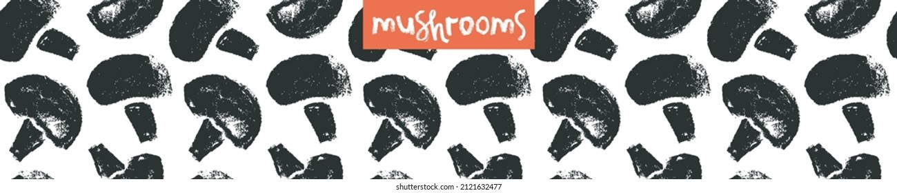 Vector champignon hand-drawn Illustration. Mushrooms pattern seamless. Vegetarian cooking courses banner. Edible fungi wallpapers. Drawings for champignons label design. Mushroom soup ingredients.