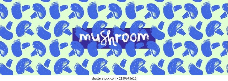 Vector champignon hand-drawn Illustration. Mushrooms pattern seamless. Vegetarian cooking courses banner. Edible fungi wallpapers. Drawings for champignons label design. Mushroom soup ingredients.