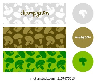 Vector champignon hand-drawn Illustration. Mushrooms pattern seamless. Vegetarian cooking courses banner. Edible fungi wallpapers. Drawings for champignons label design. Mushroom soup ingredients.