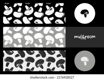 Vector champignon hand-drawn Illustrations. Black and white Mushrooms pattern seamless. Vegetarian cooking courses banner. Edible fungi wallpapers. Champignons label design. Mushroom soup ingredients.
