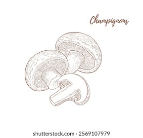 Vector champignons line art illustration, graphic line mushrooms combination. Mushrooms for food. Champignon. Great for any designs, textile, art, walls, package