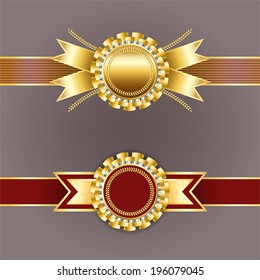 Vector champion medals. Best quality emblem. Set of gold and red badges with ribbons on a band. 