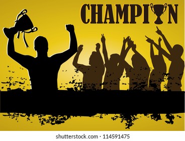 Vector of champion with trophy and people cheering
