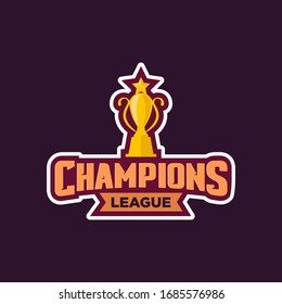 Vector of Champions league emblem, logo, icon, badge. Gold Cup with star and inscriptions champions league and silver wreath on a dark background. Soccer emblem badge graphic with trophy
