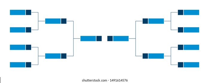 Vector Championship Single Elimination Tournament Bracket Or Tree Diagram In Blue Color Isolated On White. Fields For 8 Players Or Teams, 4 From Each Side. It Is Suitable For All Kinds Of Sports.