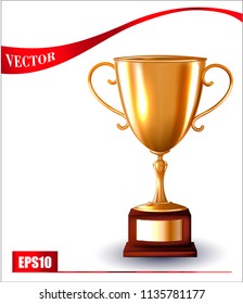 Vector championship winner trophy. Gold cup. Isolated on a white background. Vector soccer ball.
