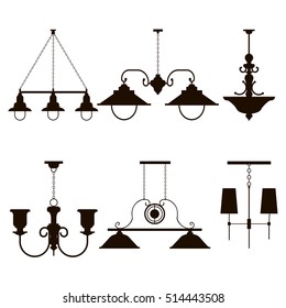 Vector chandeliers. Interior furniture icons. Ceiling lamp icon set. Silhouette ceiling lamps light for home appliance indoor furniture.