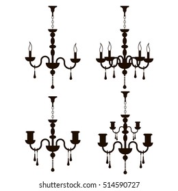 Vector chandeliers. Interior furniture icons. Ceiling lamp icon set. Silhouette ceiling lamps light for home appliance indoor furniture.