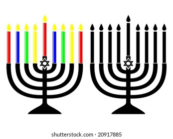 Vector of a Channukah Menorah with 9 colourful candles burning, and a version all in black