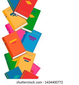 Vector chaotic endless vertical border with colored books. Back to school concept, seamless pattern for design, kids zone, offers, sale, book festival. Cute education background. 