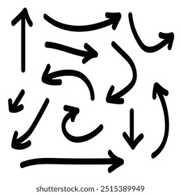 Vector chaotic hand drawn black arrows in various directions curving and intersecting.