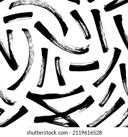 Acos vectoriales de pincel largos y caóticos. Patrón sin foco con pinceles negros. Diseño gráfico moderno. Textura monocroma dibujada a mano. Decoración moderna y contemporánea. Golpes de pincel negro duro.