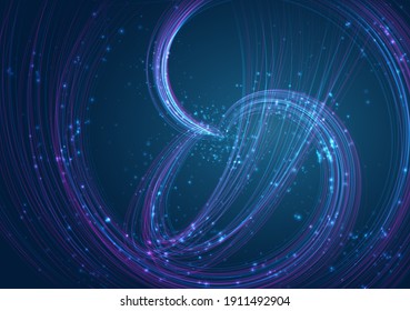 espiral caótica vectorial sobre fondo azul con bengalas brillantes