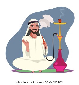 Vector character arab man smoke hookah pipe, exhale thick white smoke and sitting on floor. Guy relax and spend time in hookah bar. Concept of lounge club and traditional oriental leisure