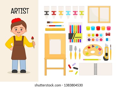 Vector character artist. Illustrations of objects for the drawing. Set of cartoon professions.
