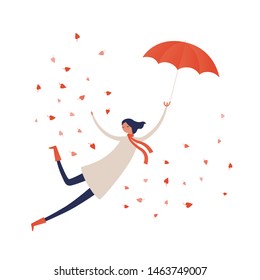 Vector character autumn illustration. Flat cheerful female in coat with scarf flying by umbrella in leaf fall isolated on white background. Design element for poster, promotion, card, media, layout