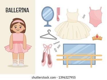 Vector character ballerina. Illustrations of ballet equipment. Set of cartoon professions.