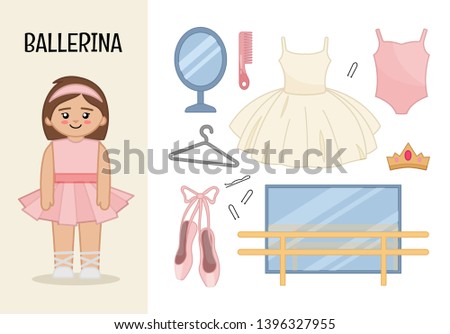 Vector character ballerina. Illustrations of ballet equipment. Set of cartoon professions.