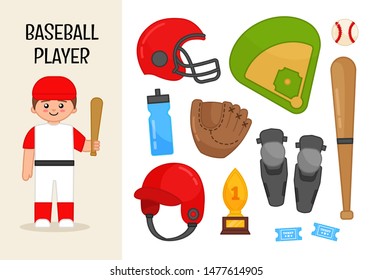 Vector character baseball player. Illustrations of baseball equipment. Set of cartoon professions.