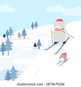 Vector character with a bear and a penguin skiing on the snow