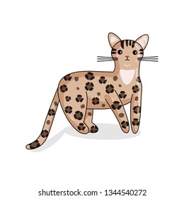 Vector Character of Bengal Cat in Kawaii Style. Cute Cartoon Kitty Character. Funny Kitten isolated on White Background. Sticker of Kawaii Animal, Pet. Flat design. Usable for Children's Book
