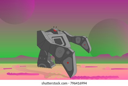 Vector Character big building robot android builder escalator digs the ground, digs a pit on the construction site against the backdrop of a rosy green mountain landscape. Assistant human technology 
