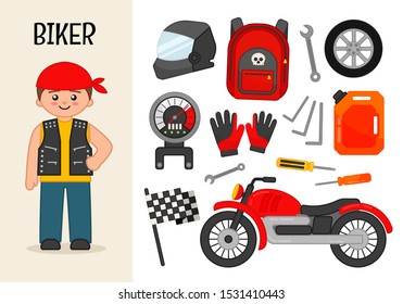 Vector character biker. Illustrations of biker equipment. Set of cartoon professions.