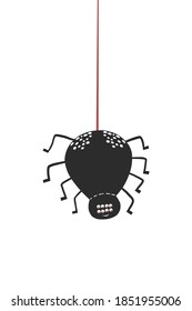 Vector character - black smiling spider hanging on a string of cobwebs.  Animal character for the elements of designs to celebrate Halloween party. Flat design vector illustration.