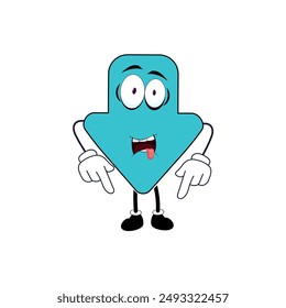 Vector character with a blue arrow pointing downward, using a finger for indication