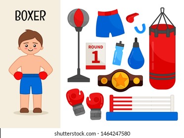 Vector character boxer. Illustrations of boxer equipment. Set of cartoon professions.